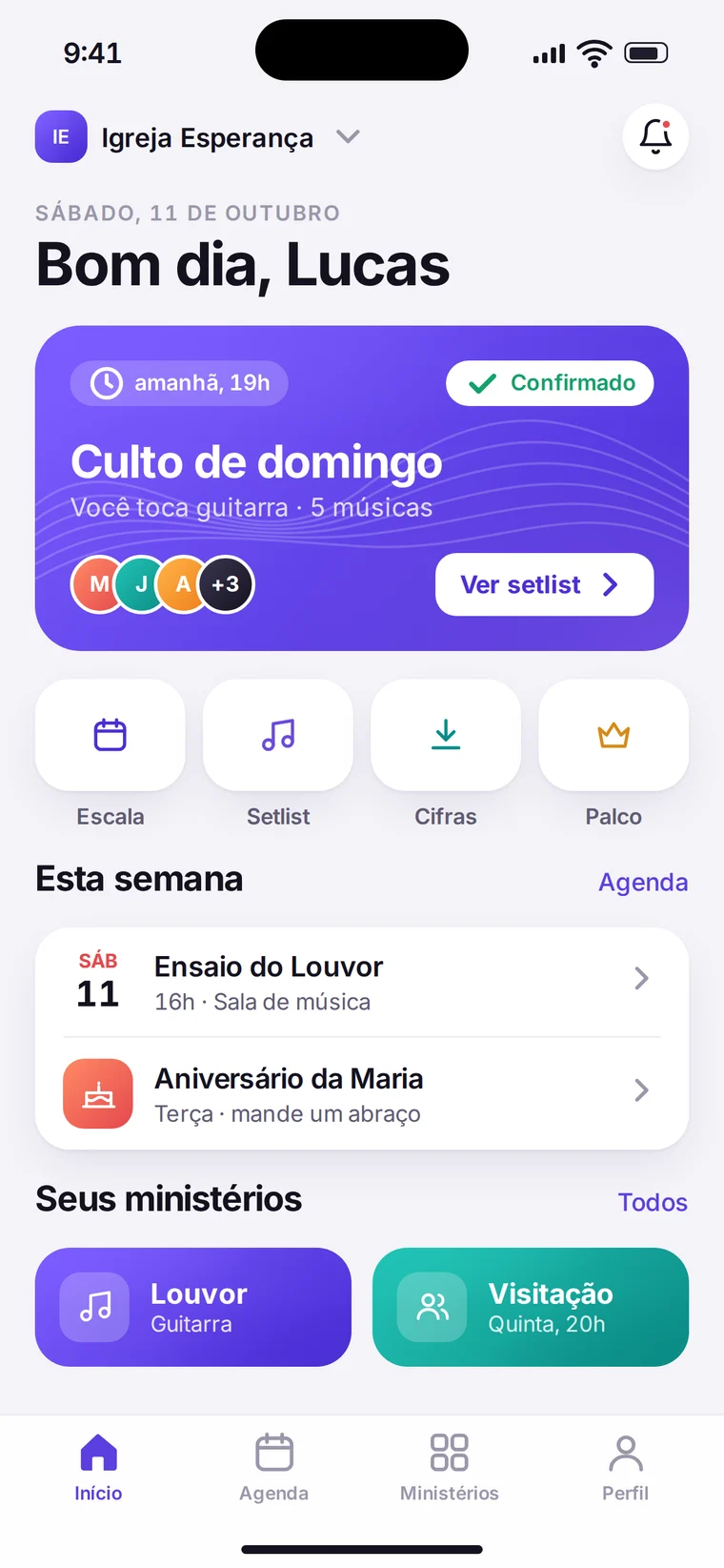 Início do AdoreMore com agenda da semana e acesso aos ministérios
